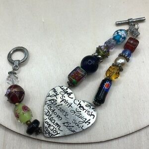 Vintage Marcie art glass pewter heart boho statement bracelet.